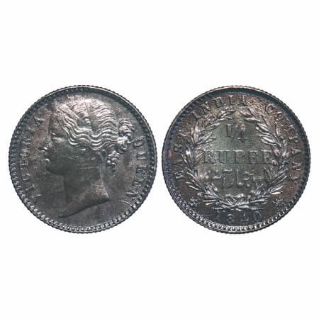 Victoria Queen, Silver, 1/4 Rupee, 1840, DL, Calcutta Mint, W.W. raised, Wreath with 10 Be