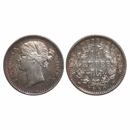 Victoria Queen, Silver, 1/4 Rupee, 1840, DL, Madras Mint, W.W. 'S' raised, Wreath with 10 