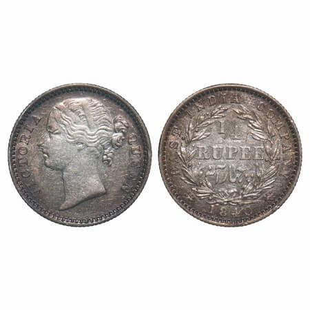 Victoria Queen, Silver, 1/4 Rupee, 1840, DL, Madras Mint, W.W. 'S' raised, Wreath with 10 