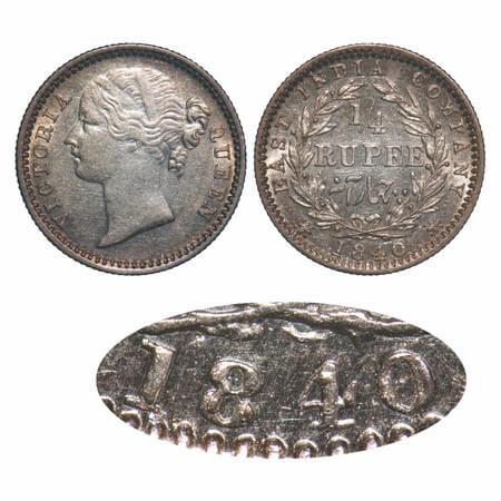 Victoria Queen, Silver, 1/4 Rupee, 1840, DL, Madras Mint, W.W. 'S' raised, Wreath with 10 