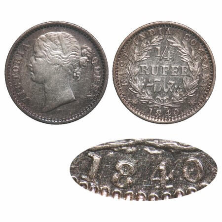 Victoria Queen, Silver, 1/4 Rupee, 1840, DL, Madras Mint, W.W. 'S' raised, Wreath with 10 