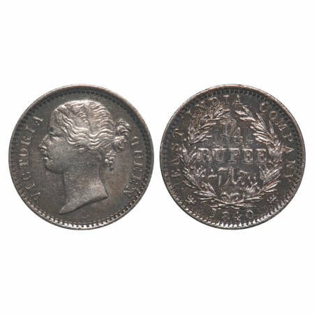 Victoria Queen, Silver, 1/4 Rupee, 1840, DL, Madras Mint, W.W. 'S' raised, Wreath with 10 