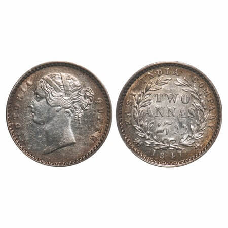 Victoria Queen, Silver, 2 Annas, 1841, DL, Calcutta Mint, W.W. raised, Wreath with 9 Berri