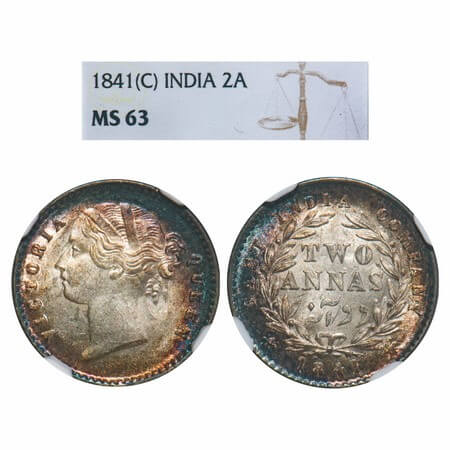 Victoria Empress, Silver, 2 Annas, 1841, DL, Calcutta Mint, W.W. raised, Wreath with 9 Ber