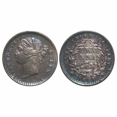 Victoria Queen, Silver, 2 Annas, 1841, DL, Madras Mint, 'S' incused, W.W. raised, Wreath w