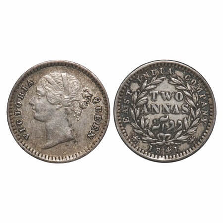 Victoria Queen, Silver, 2 Annas, 1841, DL, Madras Mint, 'S' incused, W.W. raised, Wreath w
