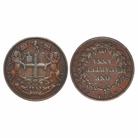Victoria Queen, Copper, Quarter Anna, 1857, R. Heton & Sons, Birmingham Mint, Single leaf,