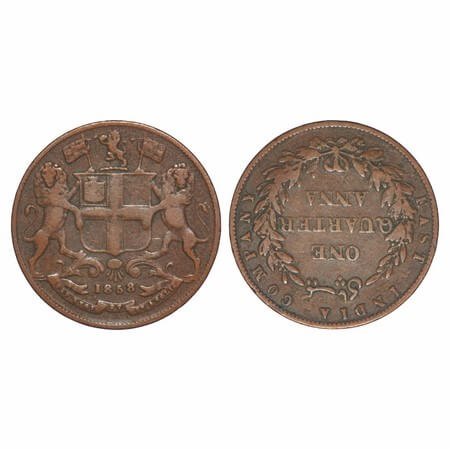 Victoria Queen, Copper, Quarter Anna, 1858, J. Watt. & Co., Birmingham Mint, Single leaf, 