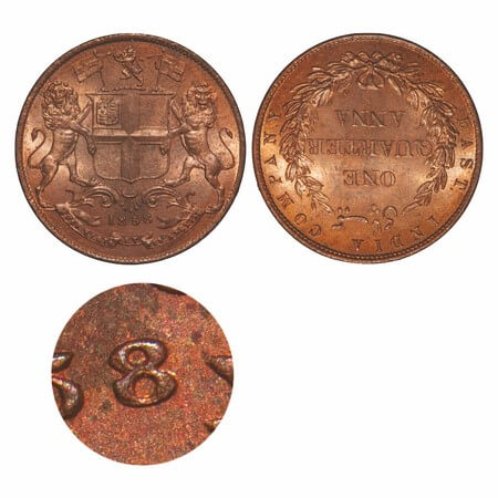 Victoria Queen, Copper, Quarter Anna, 1858, J. Watt & Co., Birmingham Mint, Single leaf, Y
