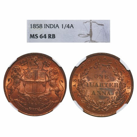 Victoria Queen, Copper, Quarter Anna, 1858, J. Watt & Co., Birmingham Mint, Single leaf, Y