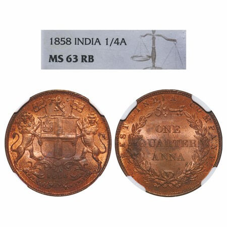 Victoria Queen, Copper, Quarter Anna, 1858, J. Watt & Co., Birmingham Mint, Single leaf, Y