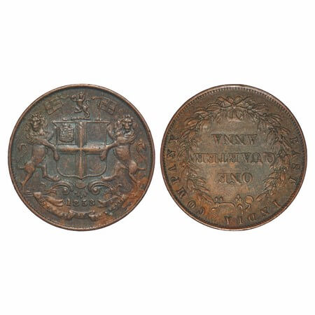 Victoria Queen, Copper, Quarter Anna, 1858, R. Heton & Sons, Birmingham Mint, Two leafs, R