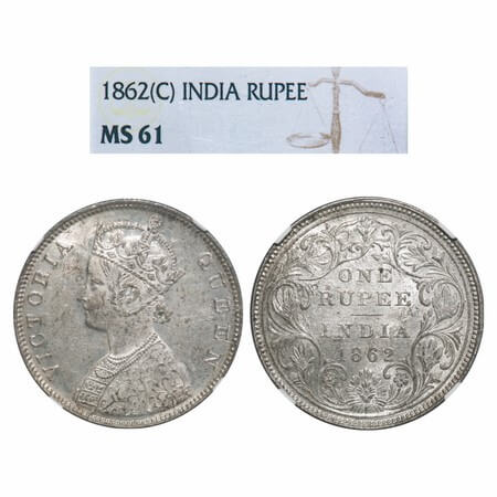 Victoria Queen, Silver, Rupee, 1862, Calcutta Mint, B/II/0/0, Embroidery in high relief. F