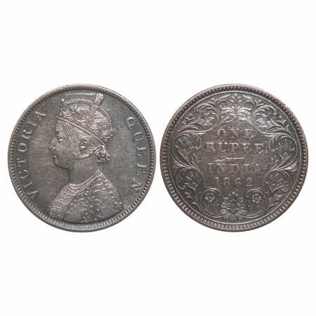 Victoria Queen, Silver, Rupee, 1862, Calcutta Mint, B/III, Embroidery in high relief. F. P