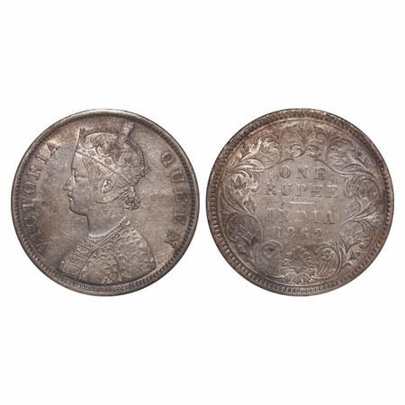 Victoria Queen, Silver, Rupee, 1862, Calcutta Mint, B/III, Embroidery in high relief. F. P