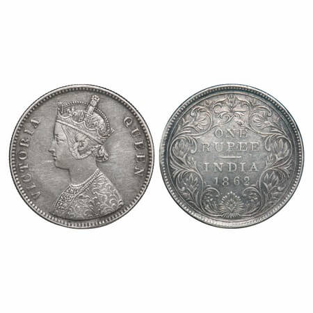 Victoria Queen, Silver, Rupee, 1862, Calcutta Mint, A/II(i), With initial 'J', Pineapple l