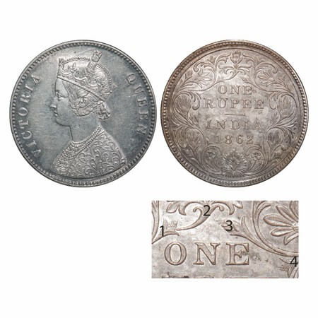 Victoria Queen, Silver, Rupee, 1862, Calcutta Mint, A/II(i), With initial 'J', Pineapple l
