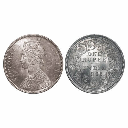 Victoria Queen, Silver, Rupee, 1862, Calcutta Mint, A/II(i), With initial 'J', With Pineap