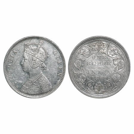 Victoria Queen, Silver, Rupee, 1862, Calcutta Mint, A/II, w/o initial 'J'. F. Prid 64. GK 