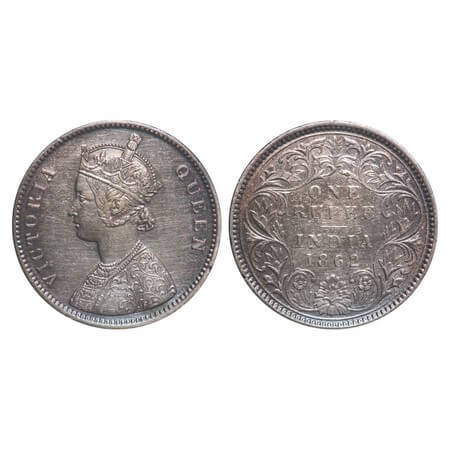 Victoria Queen, Silver, Rupee, 1862, Calcutta Mint, A/III, w/o initial 'J'. F. Prid 65. GK