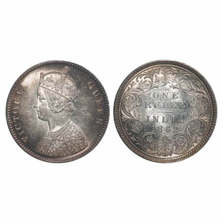 Victoria Queen, Silver, Rupee, 1862, Calcutta Mint, A/I, With initial 'J', Mechanical die