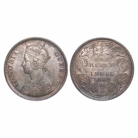 Victoria Queen, Silver, Rupee, 1862, Calcutta Mint, A/I, w/o initial 'J', Some parts in th
