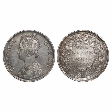 Victoria Queen, Silver, Rupee, 1862, Madras Mint, B/II/0/0, w/o enclosed frame effect. F. 