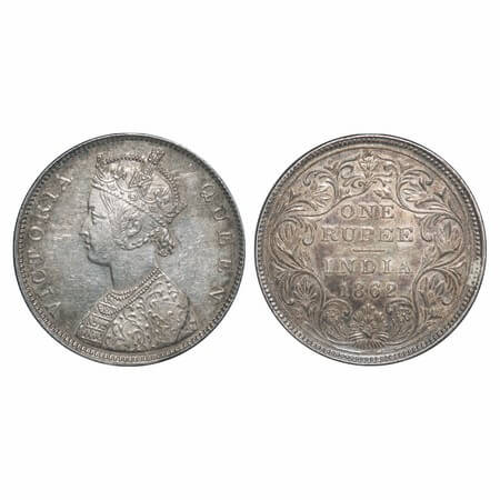 Victoria Queen, Silver, Rupee, 1862, Madras Mint, B/II/0/0, With enclosed frame effect. F.