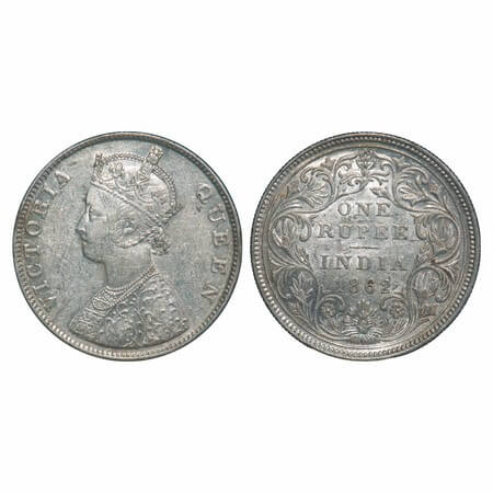 Victoria Queen, Silver, Rupee, 1862, Madras Mint, B/II/0/0, With enclosed frame effect. F.