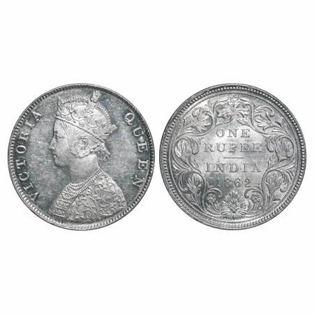 Victoria Queen, Silver, Rupee, 1862, Madras Mint, B1/II/0/0, w/o enclosed frame effect. F.