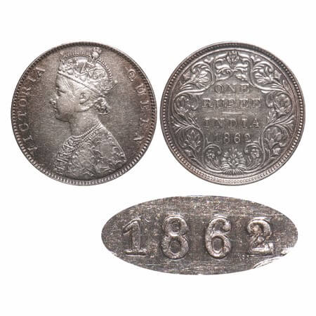 Victoria Queen, Silver, Rupee, 1862, Bombay Mint, D/II/0/0, Large numerals of year date 18