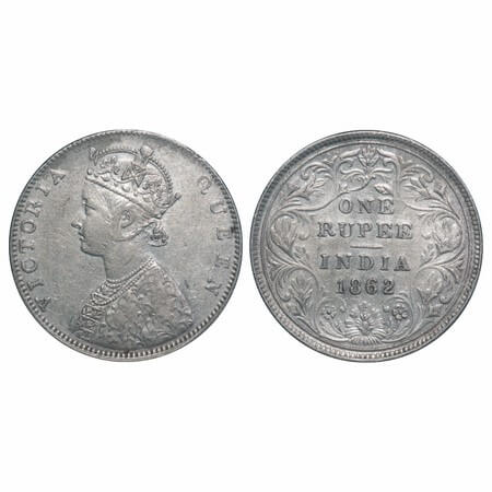 Victoria Queen, Silver, Rupee, 1862, Bombay Mint, D/II/0/0, The Queens jabot has 5 panels,