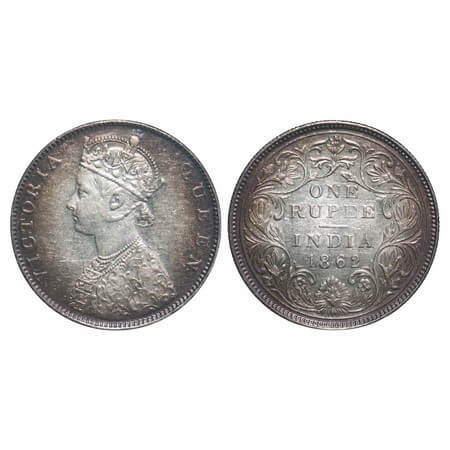 Victoria Queen, Silver, Rupee, 1862, Bombay Mint, D/II(i)/0/0, Pineapple like buds at four