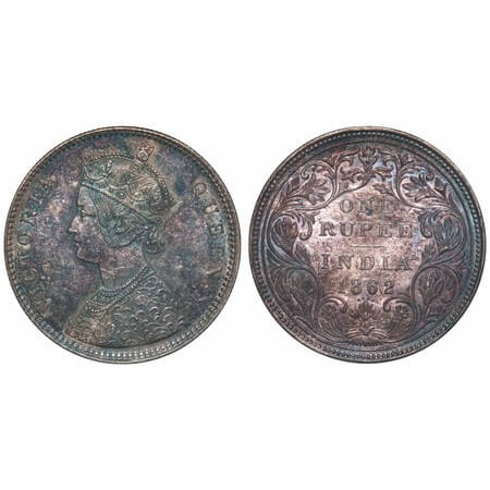 Victoria Queen, Silver, Rupee, 1862, Bombay Mint, A/II/0/4, w/o initial 'J'. F. Prid 79. G