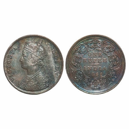 Victoria Queen, Silver, Rupee, 1862, Bombay Mint, A/II/0/4, w/o initial 'J', Oblong shape 