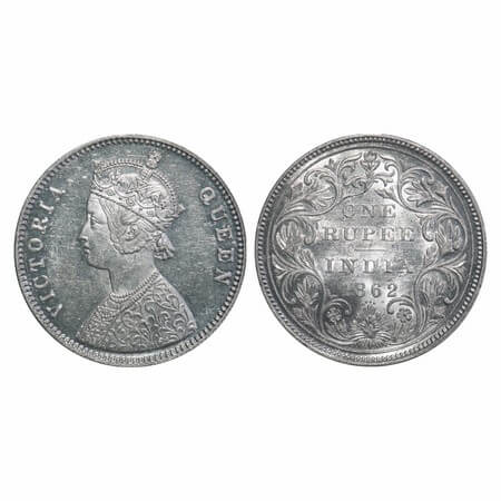 Victoria Queen, Silver, Rupee, 1862, Bombay Mint, A/II/0/4, w/o initial 'J'. F. Prid 79. G