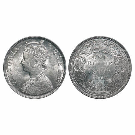 Victoria Queen, Silver, Rupee, 1862, Bombay Mint, B/II/0/4, 4 dots placed above bottom flo