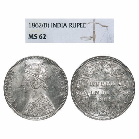Victoria Queen, Silver, Rupee, 1862, Bombay Mint, A/II/0/6, Complete 'D' in India, w/o ini