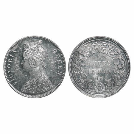 Victoria Queen, Silver, Rupee, 1862, Bombay Mint, A/II/0/6, w/o initial 'J', w/o bottom st