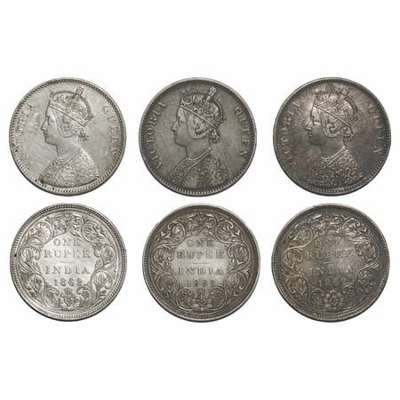 Victoria Queen, Silver, Rupee, 1862, (3 coins), 1) Bombay Mint, A/II/0/6, w/o bottom strok