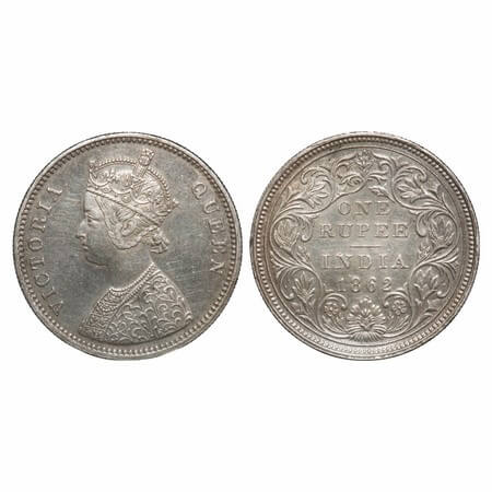 Victoria Queen, Silver, Rupee, 1862, Bombay Mint, A/II/0/7, w/o initial 'J'. F. Prid 87. G