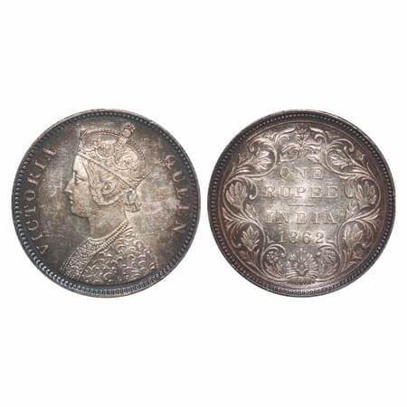 Victoria Queen, Silver, Rupee, 1862, Bombay Mint, A/II/0/10, w/o initial 'J'. F. Prid 93. 