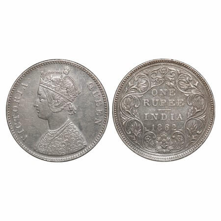 Victoria Queen, Silver, Rupee, 1862, Bombay Mint, A/II/0/10, w/o initial 'J'. F. Prid 93. 