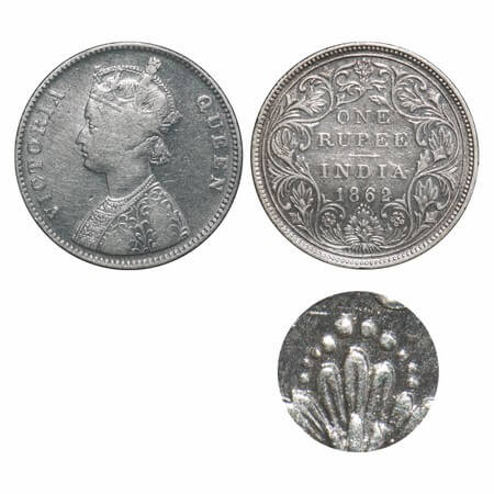 Victoria Queen, Silver, Rupee, 1862, Bombay Mint, A/II/0/10, w/o initial 'J', Large 4 dots