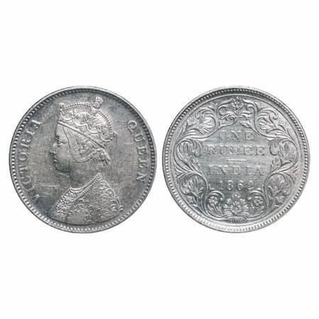 Victoria Queen, Silver, Rupee, 1862, Bombay Mint, A/II/0/10, Flat shoulder, w/o initial 'J