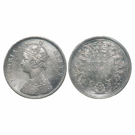 Victoria Queen, Silver, Rupee, 1862, Bombay Mint, A/II/1/1, With initial 'J'. F. Prid 99. 