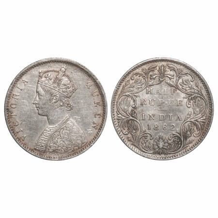 Victoria Queen, Silver, Half Rupee, 1862, Bombay Mint, B1/II, Round Pearls, 5 petals has r