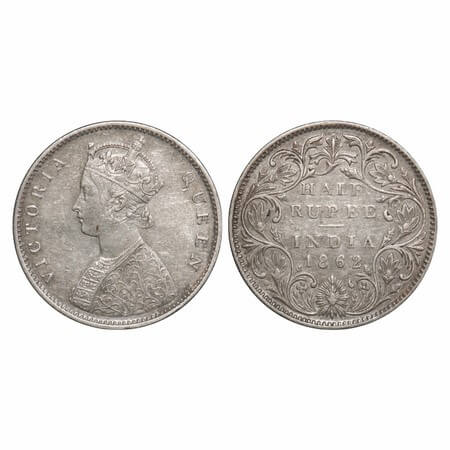 Victoria Queen, Silver, Half Rupee, 1862, Bombay Mint, B1/II, Round Pearls, 5 petals has r