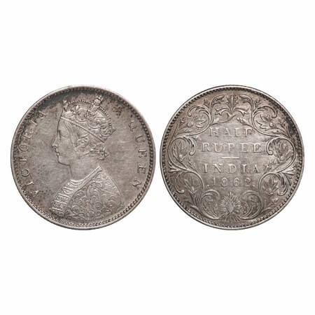 Victoria Queen, Silver, Half Rupee, 1862, Bombay Mint, B2/II, Round Pearls, Five petals fl