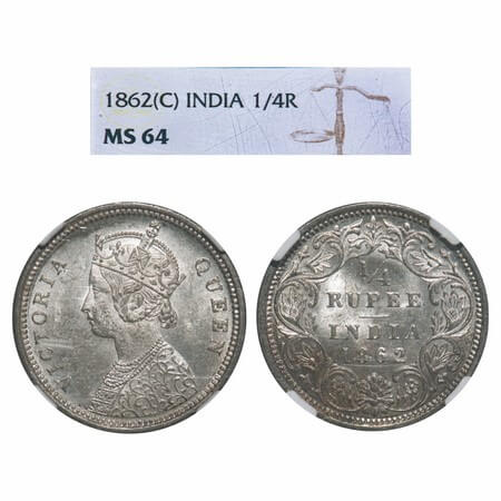 Victoria Queen, Silver, 1/4 Rupee, 1862, Calcutta Mint, A/I. F. Prid 376. GK 375. NGC Slab